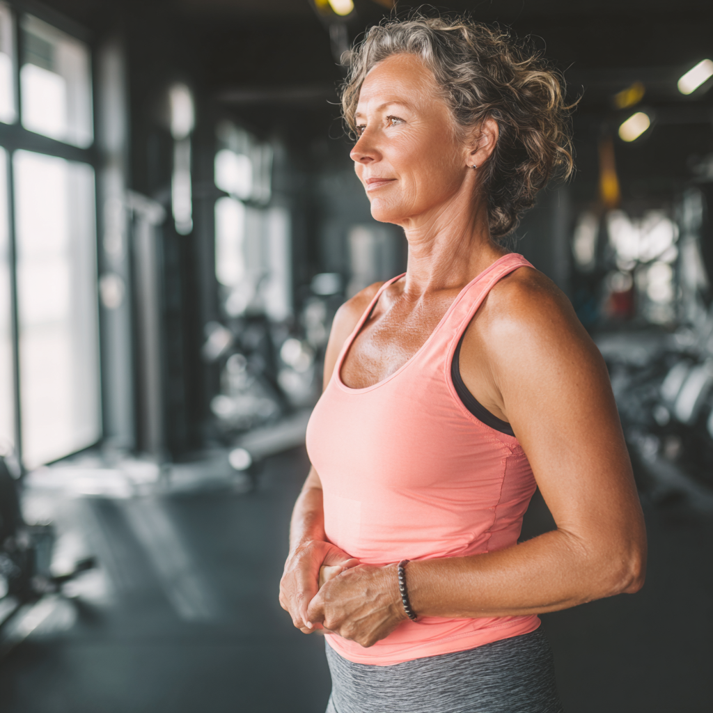 Mature woman in her fifties doing fitness exercises in bright modern gym