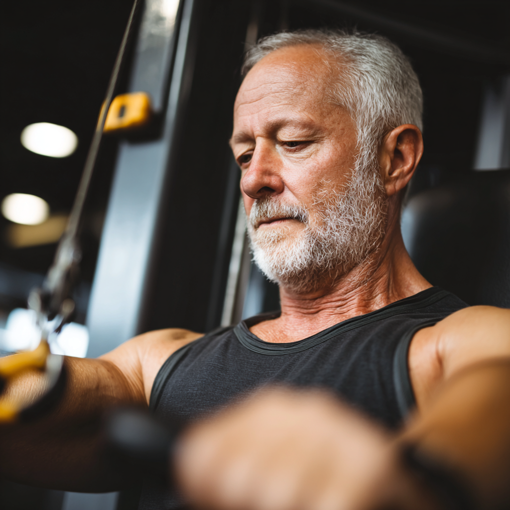 Senior man in his sixties using modern fitness equipment during personal training session